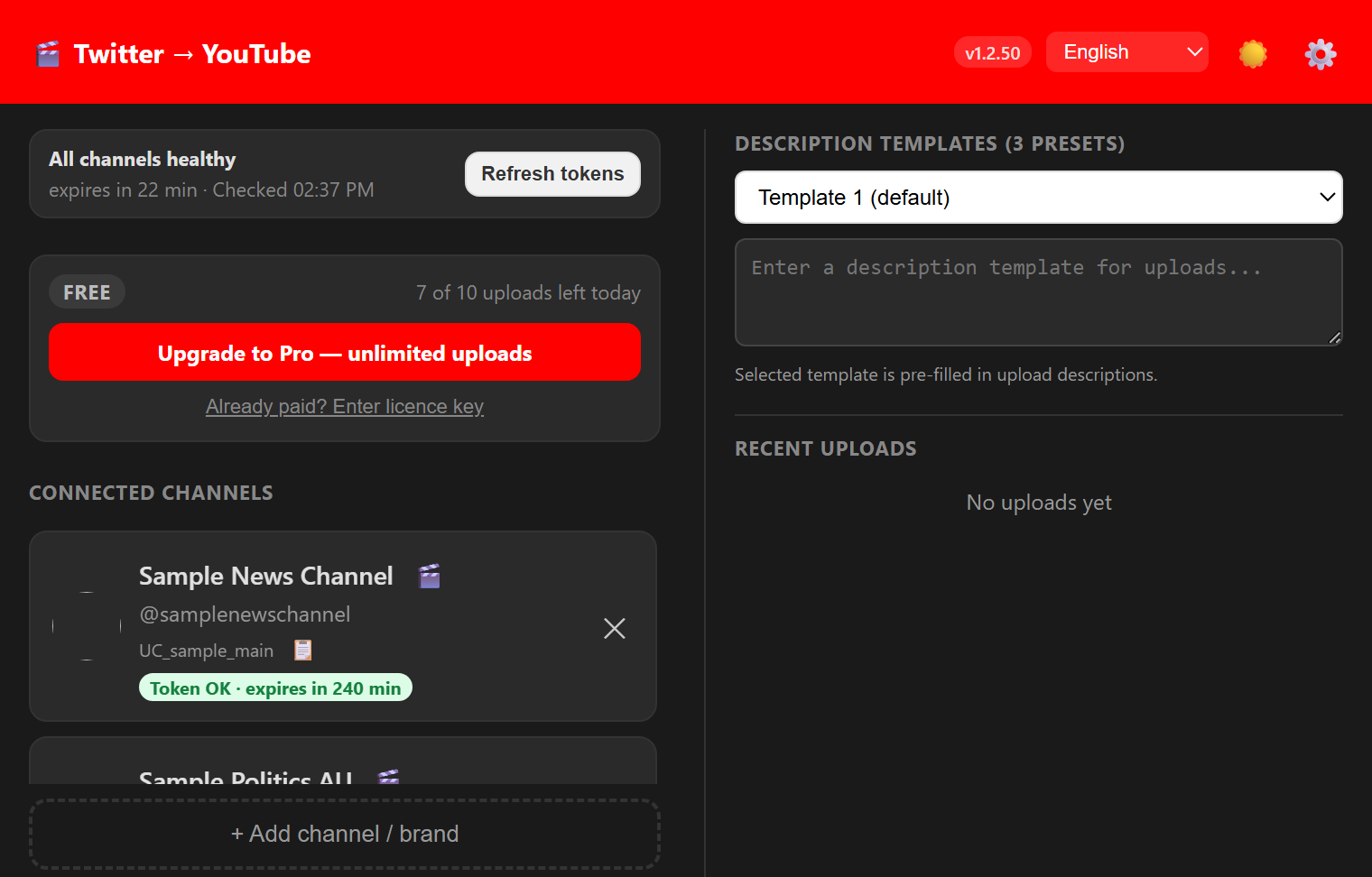 Twitter to YouTube popup on the free plan, showing the remaining daily uploads and the upgrade option