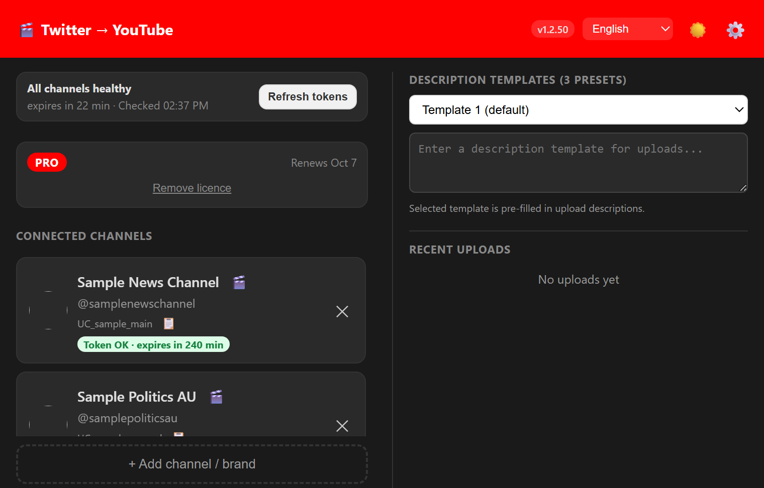 Twitter to YouTube toolbar popup showing connected channels, token health and a description template