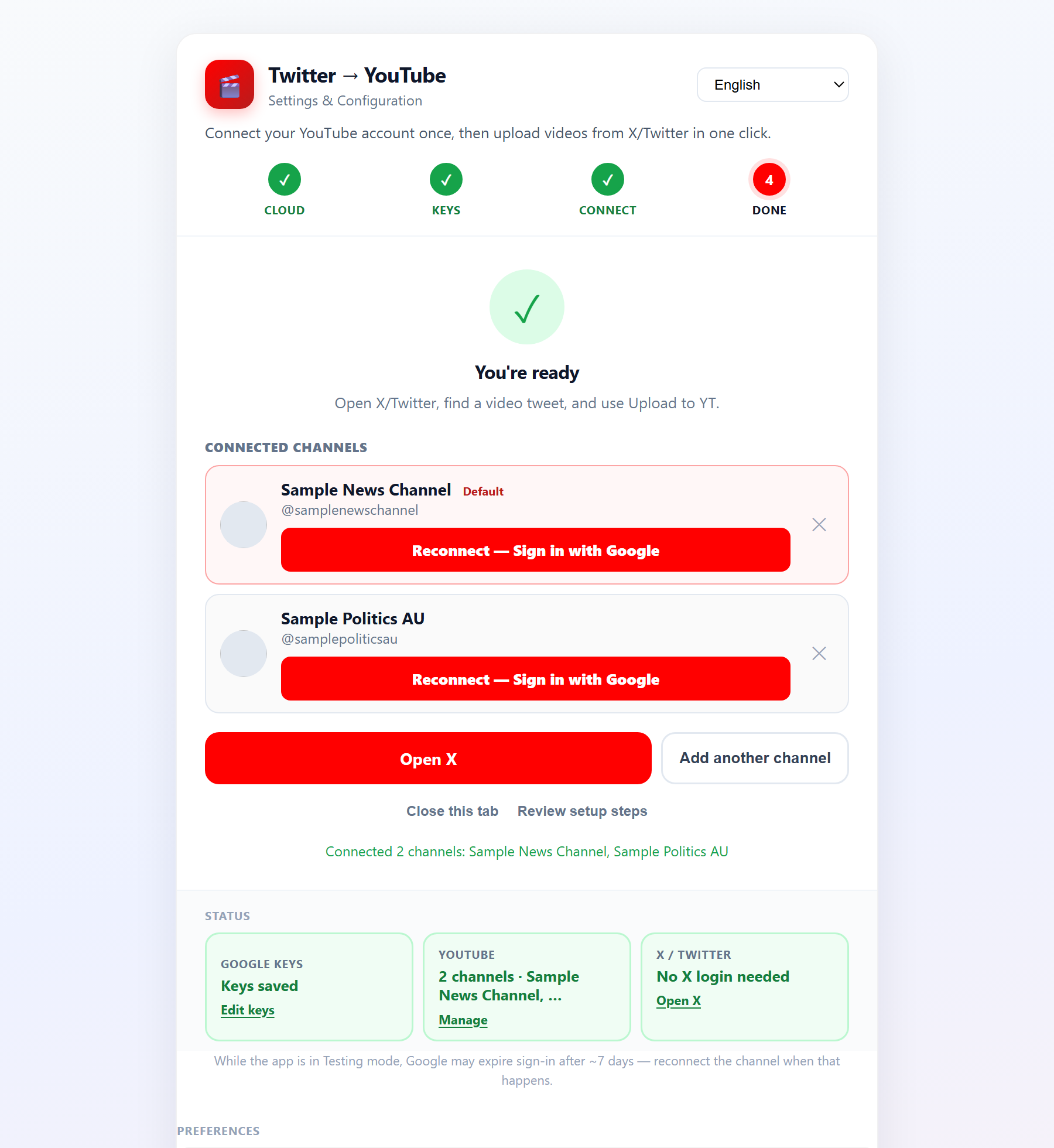 Twitter to YouTube settings page with the four-step setup wizard complete and two YouTube channels connected