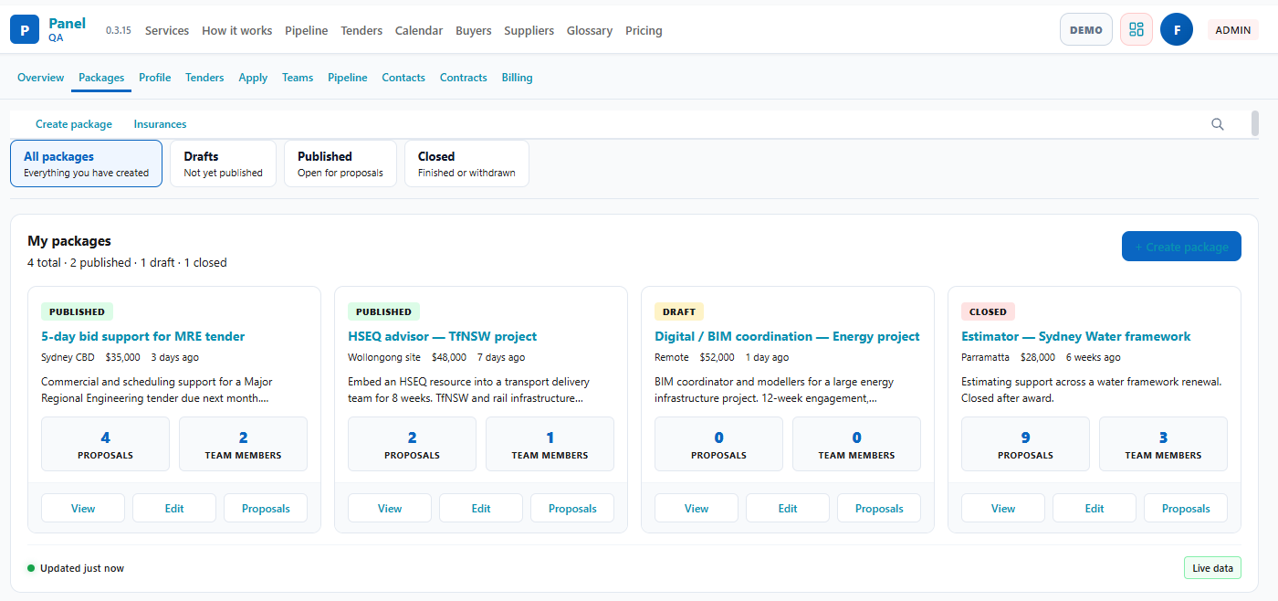 PanelQA package management showing published, draft, and closed tender packages